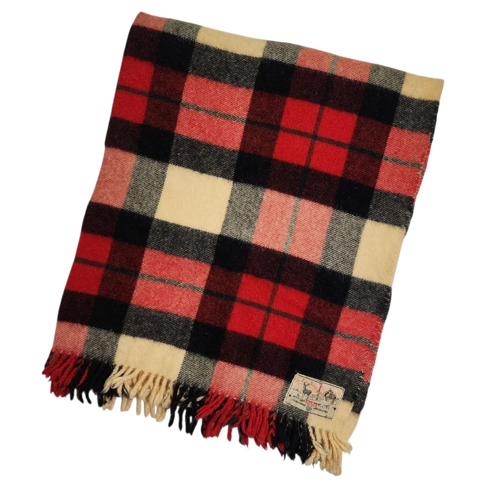 Vintage Aabe Wool Blanket Tassle Throw Cottage Cabin Plaid Woodsman